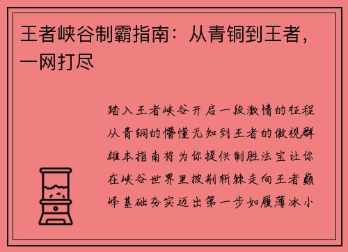 王者峡谷制霸指南：从青铜到王者，一网打尽